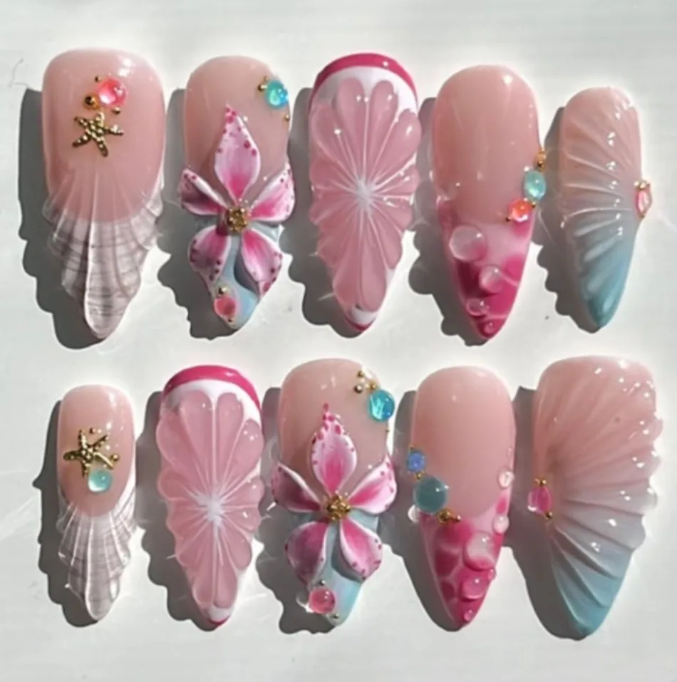 Long Almond Press On Nails Summer Ice Transparent Flower Shell Starfish Pearl Rhinestone Sweet Fruit Reusable False Nails JT39