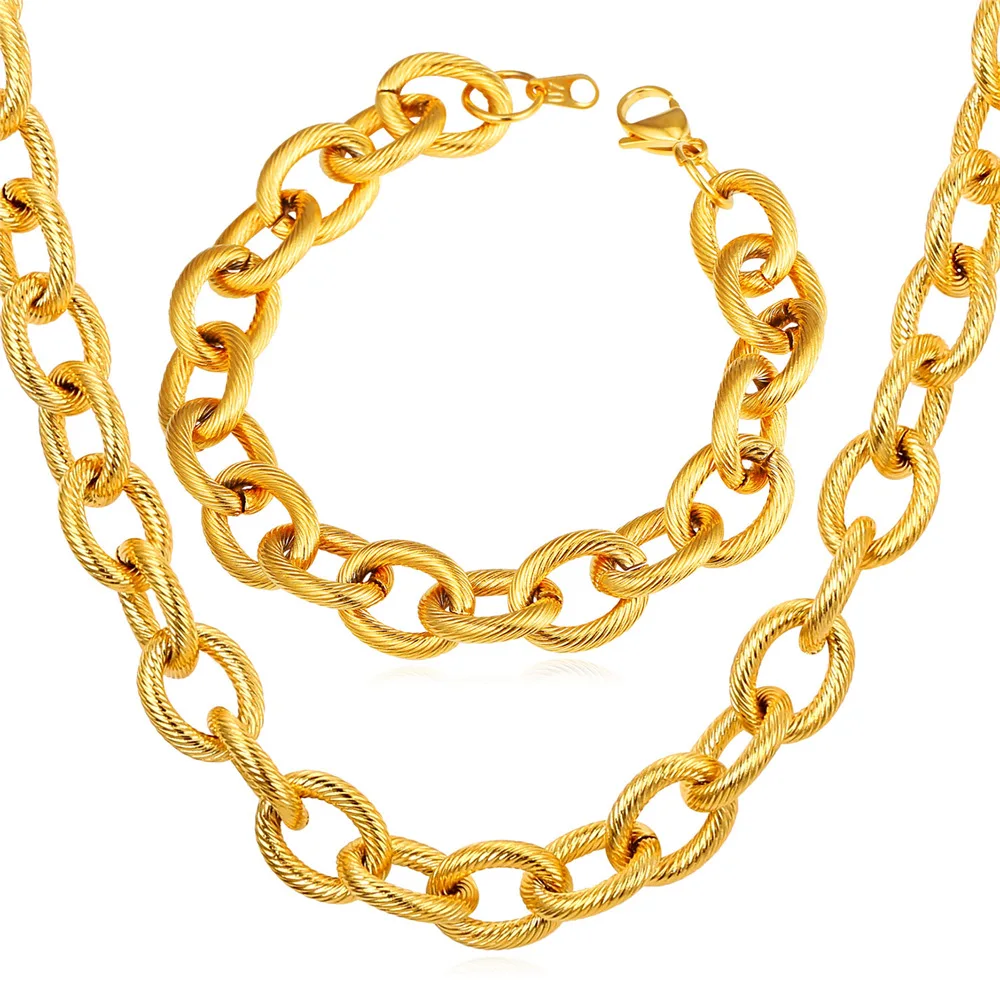 U7 Chunky Big Cable Chain Necklace Bracelet Set For Woman Men Stainless Steel Gold Color Jewelry Sets Trendy S831