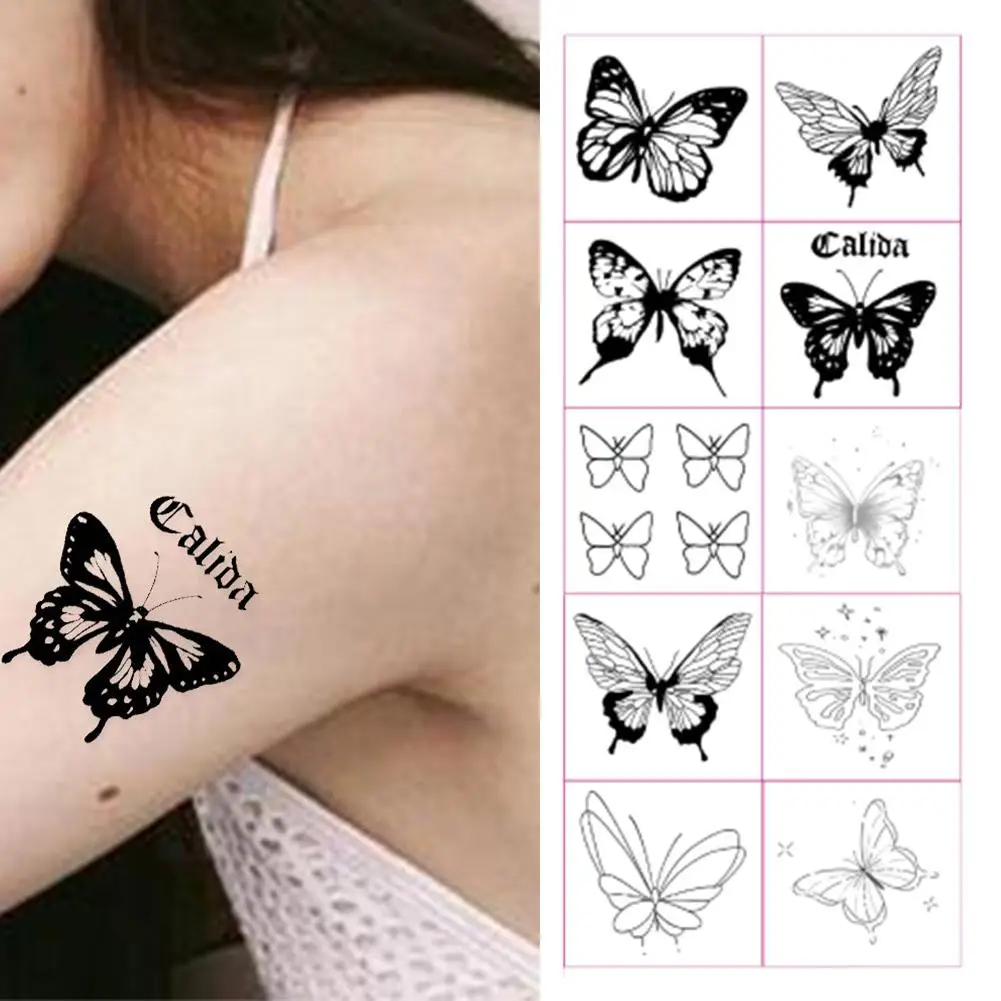 Autoadesivo del tatuaggio temporaneo impermeabile duraturo 3D mani nere petto Tatto farfalla Patch donne arte corpo ragazza fiore finto Natu B9R6