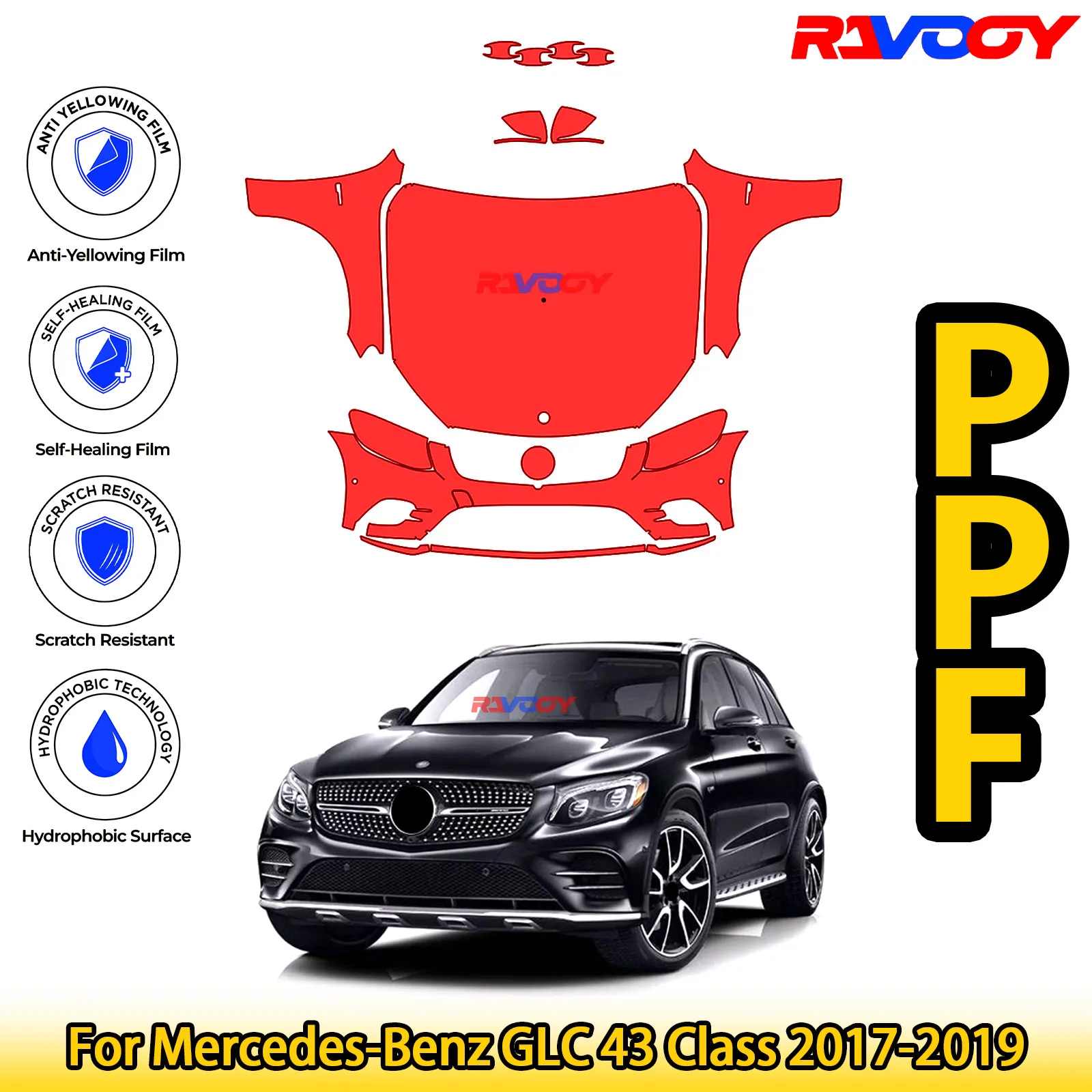 

Для Mercedes-Benz GLC 43 Class 2017-2019 глянцевая матовая черная предварительно вырезанная передняя защитная пленка PPF для защиты от краски