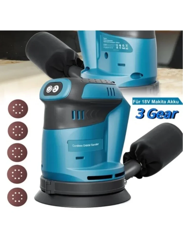 Przenośna, orbitalna szlifierka akumulatorowa 18 V, bezszczotkowy silnik, tarcza 125 mm, 3 prędkości, wbudowany system odsysania pyłu, 10 sztuk nakładek szlifierskich, kompatybilna z akumulatorami — 2