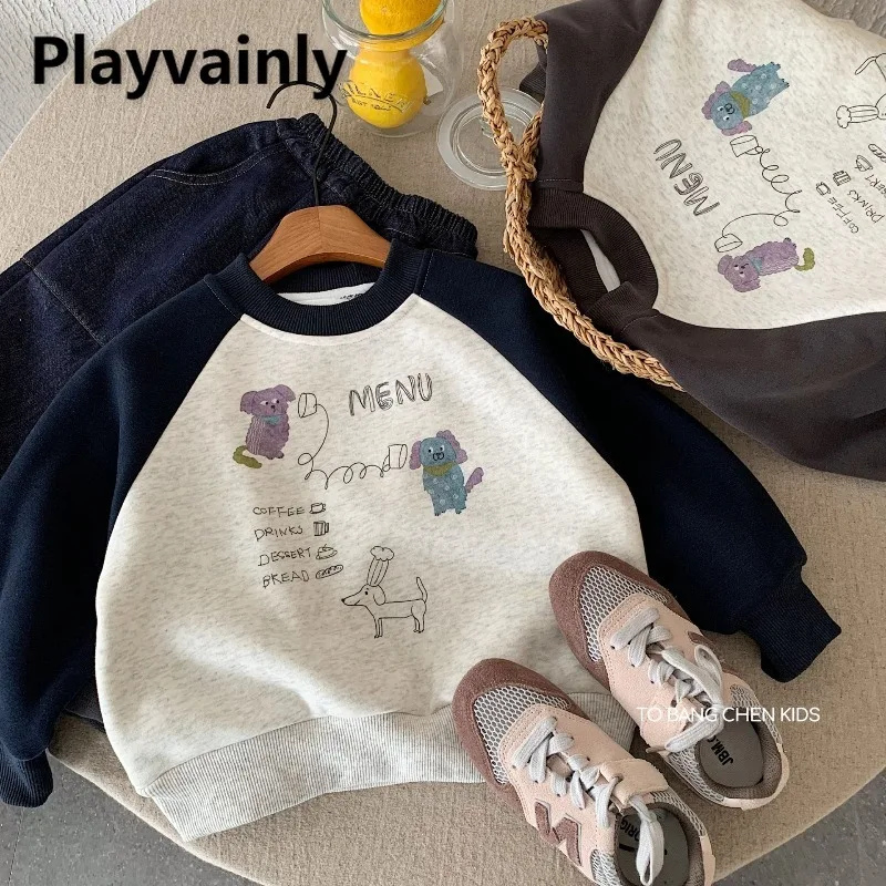 

Флисовые толстовки для мальчиков в корейском стиле, новинка 2025, осень-зима, топы с круглым вырезом и рукавами реглан с мультяшным принтом, детская повседневная одежда H0612