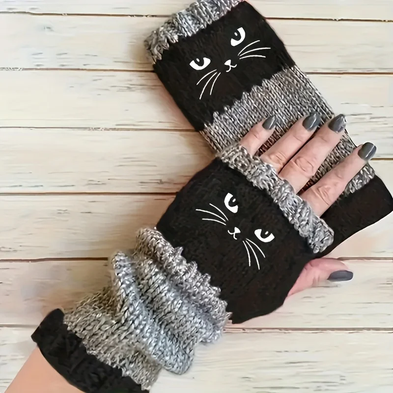 Women's Thermal Winter Gloves Cute Black Cat Eyes Design Non-Slip Fingerless Touchscreen Compatible Casual Outfits Durable