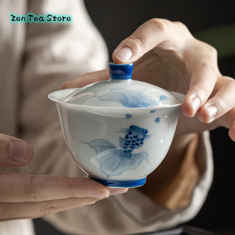 Hand-painted Ink Koi Sancai Cover Bowl Under Glaze Seiko Hand Goldfish Tea Bowl Fresh Fishing Fun Hand Grab Bowl