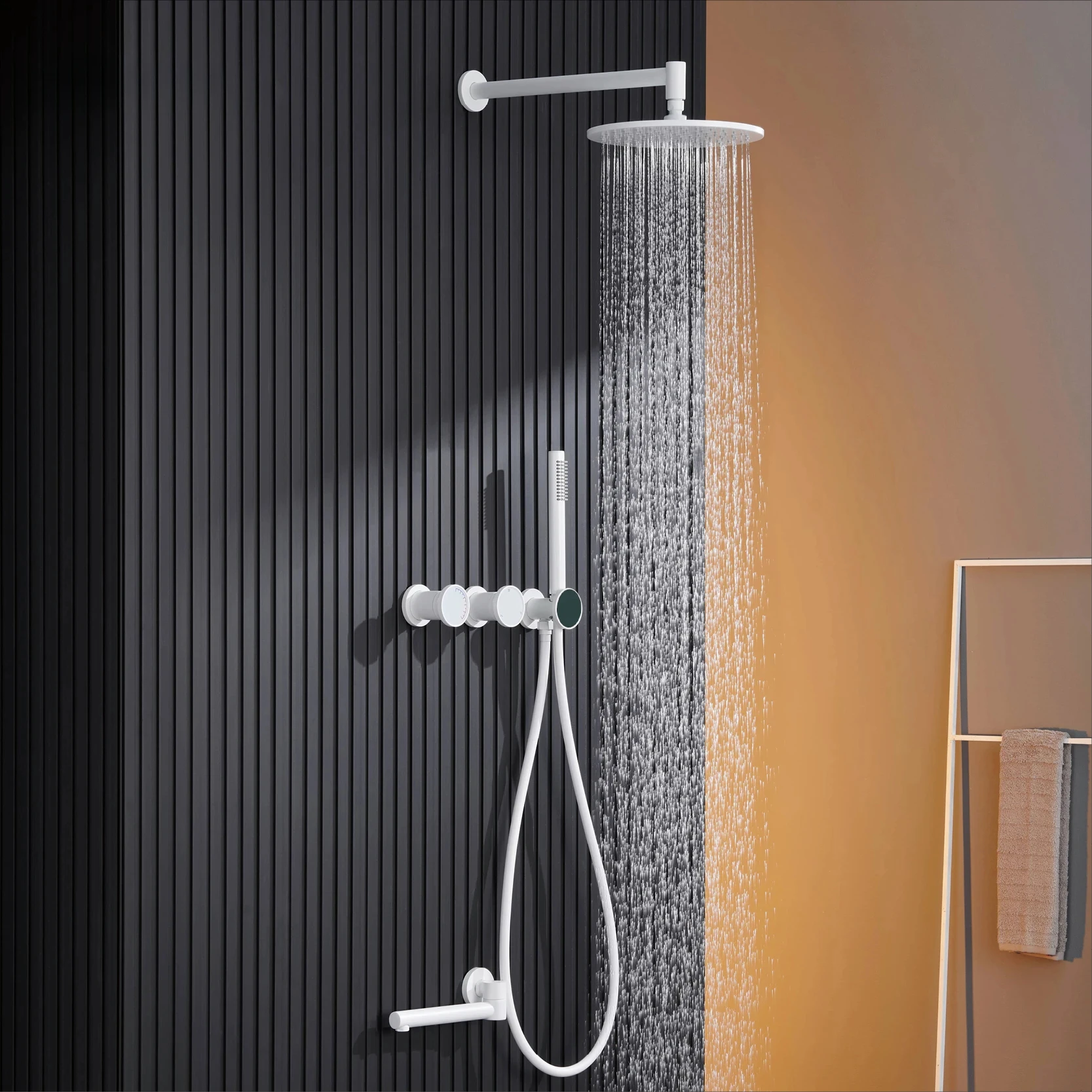 

Luxury White Embedded Brass Shower System Simple Design Wall Mounted 2 Handle Hot & Cold Water 3 Function Bathroom Faucet