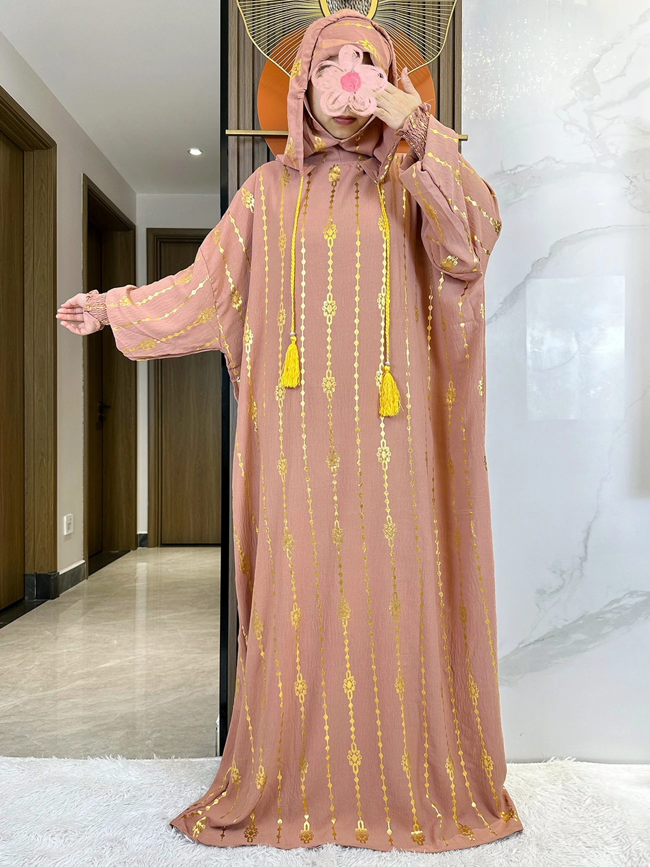 Gold Stamp Pure Cotton Ramadan Muslim Two-Hat Abaya Dubai Turkey Islam Prayer Clothes Islam Women Dress Kaftan