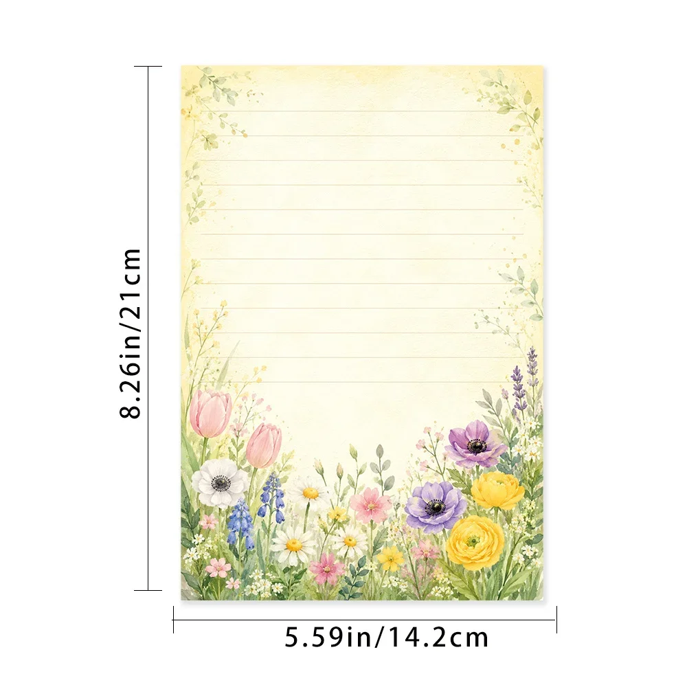 50 Sheets,Watercolor Spring Flowers-themed Writing Paper, Lined, Glue-free, Perfect For Notebooks, Memos, And Stickers