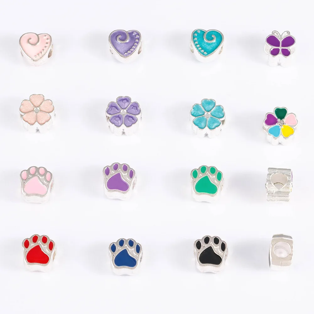 สร้อยคอ สร้อยข้อมือ ลูกปัดเจาะรูลายการ์ตูน ลายอุ้งเท้าหมี ลายดอกไม้ ลายหัวใจ ลูกปัดเจาะรูขนาดใหญ่ อุปกรณ์เสริมแบบเจาะรู