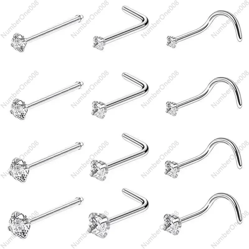 10Piece 20G Surgical Steel Zircon L Shape Nose Stud Piercing Earring 4 Prong Nostril Nose Rings Boho Bohemian Body Jewelry