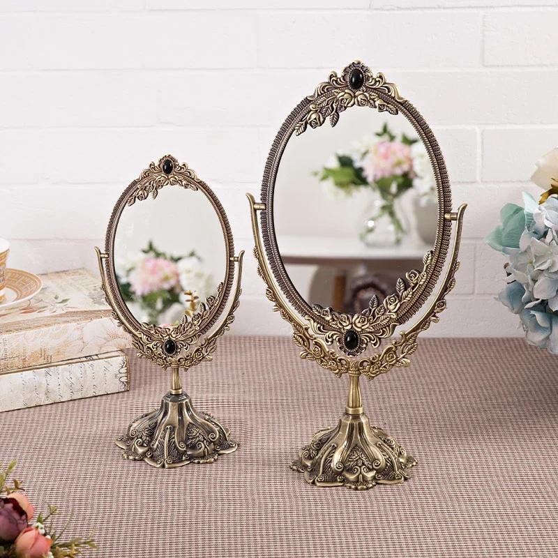 European retro princess mirror makeup mirror women desktop large metal high definition double-sided mirror antique bronze