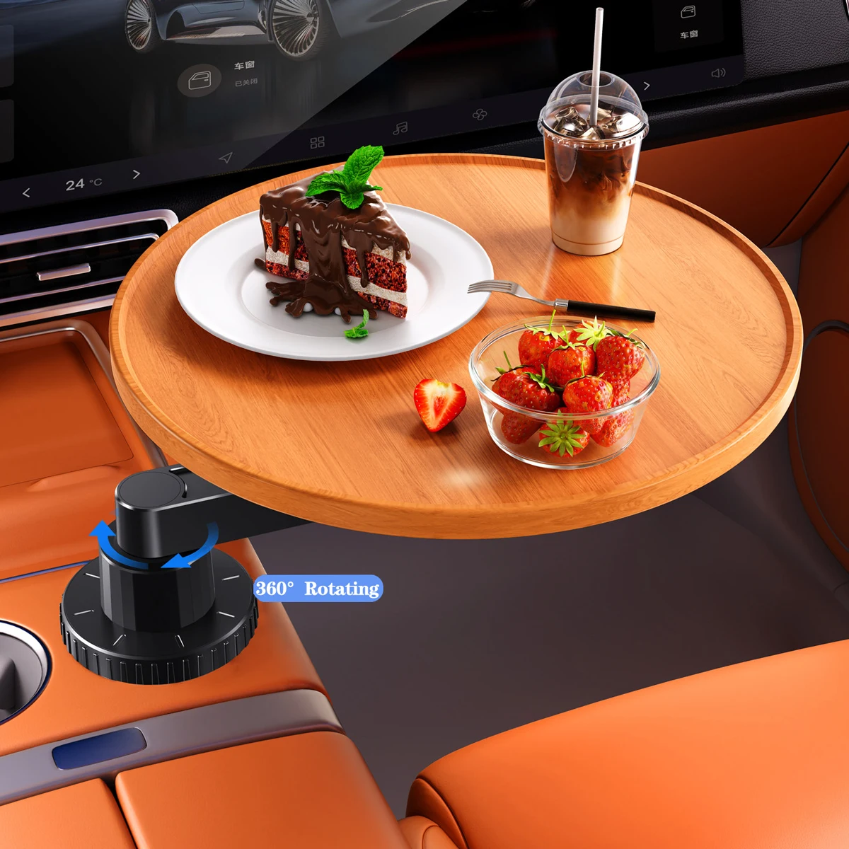 Hipacool Multifunctional Wood Car Cup Holder & Laptop Desk 360° Rotatable Food Tray Table for Eating Drinking Storage Holder