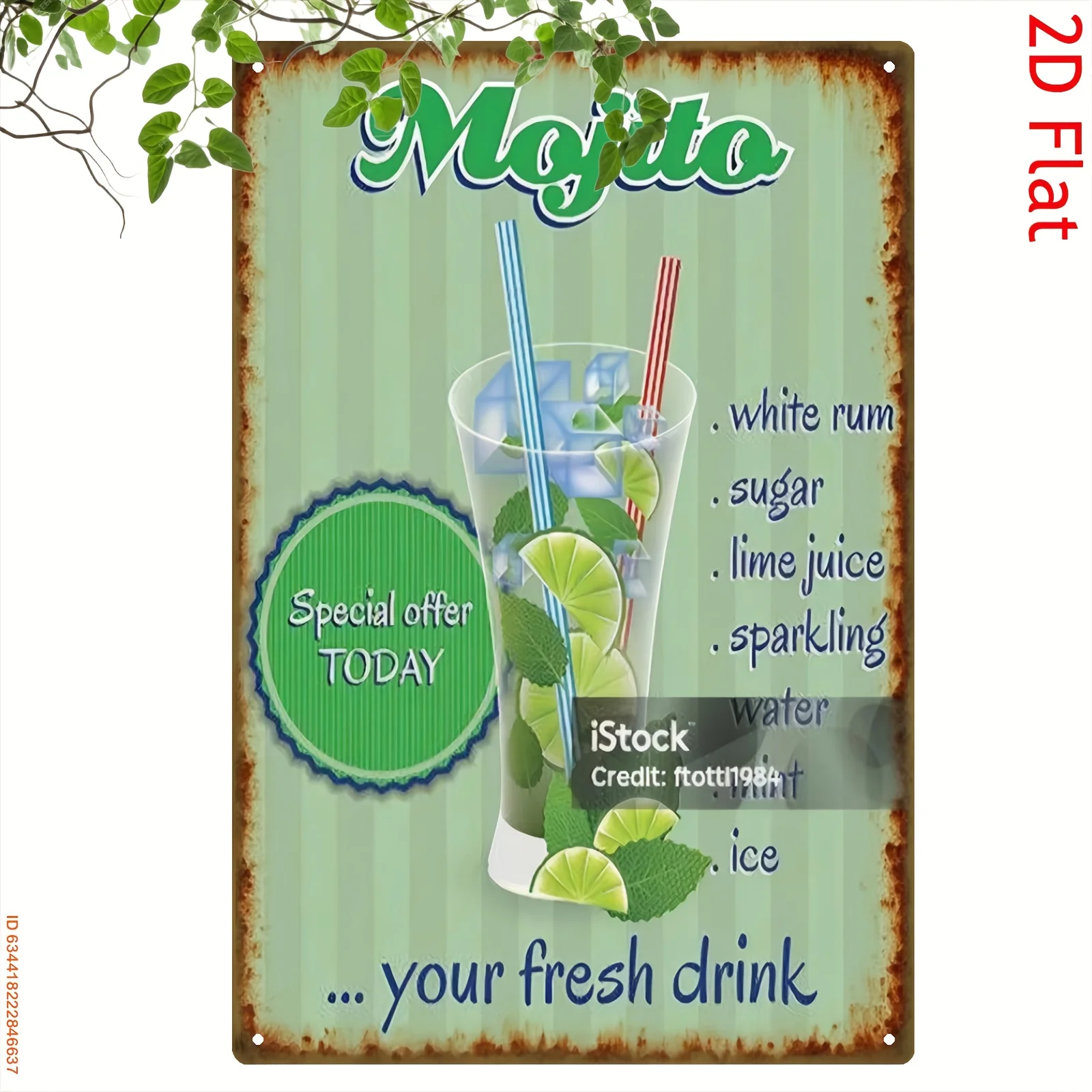 2D flach, 1 Stück Vintage Mojito Cocktail Metallschild – 20,3 x 30,5 cm, rustikale Wanddekoration mit weißem Rum, Limettensaft, Zucker, Soda-Wasser und Mi