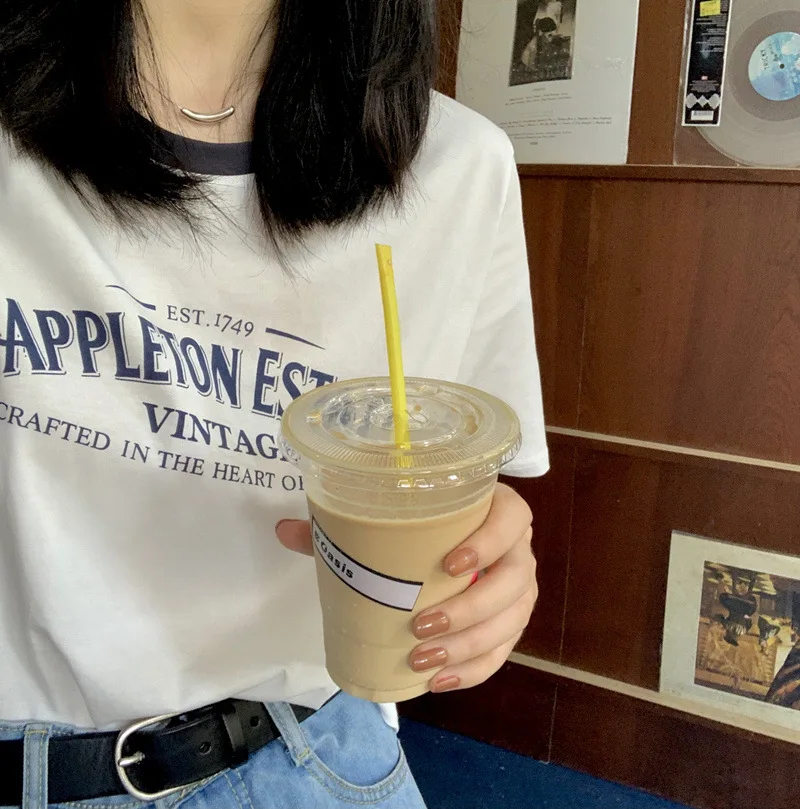 American Contrast Color round Neck Short Sleeve T-Shirt Women Summer New Letter Print Loose Short Vintage Top INS Style