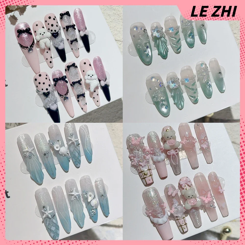 

Long Coffin Stiletto 3D Summer Flowers Press On Nails 10Pcs Handmade Gel Marine Shells Pearl Glitter Powder Sweet Fake Nails