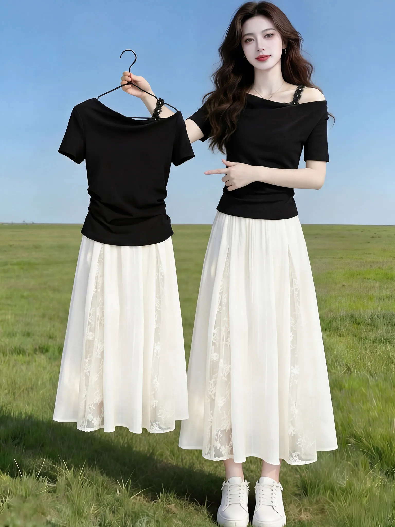 

Unique Beautiful Early Summer 2026 Thin Short Sleeve T-Shirt Half Skirt Loose Feel Amazing Two-Piece Set Fashionable Casual Wear