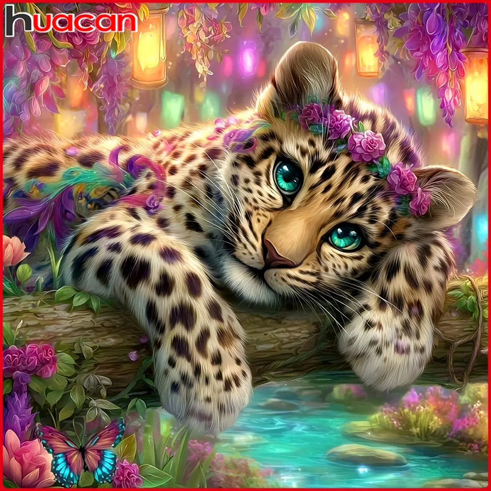 Huacan Neuheiten Diamantgemälde Leopard Diamant Mosaik Tier Blume Komplettset Bastelset
