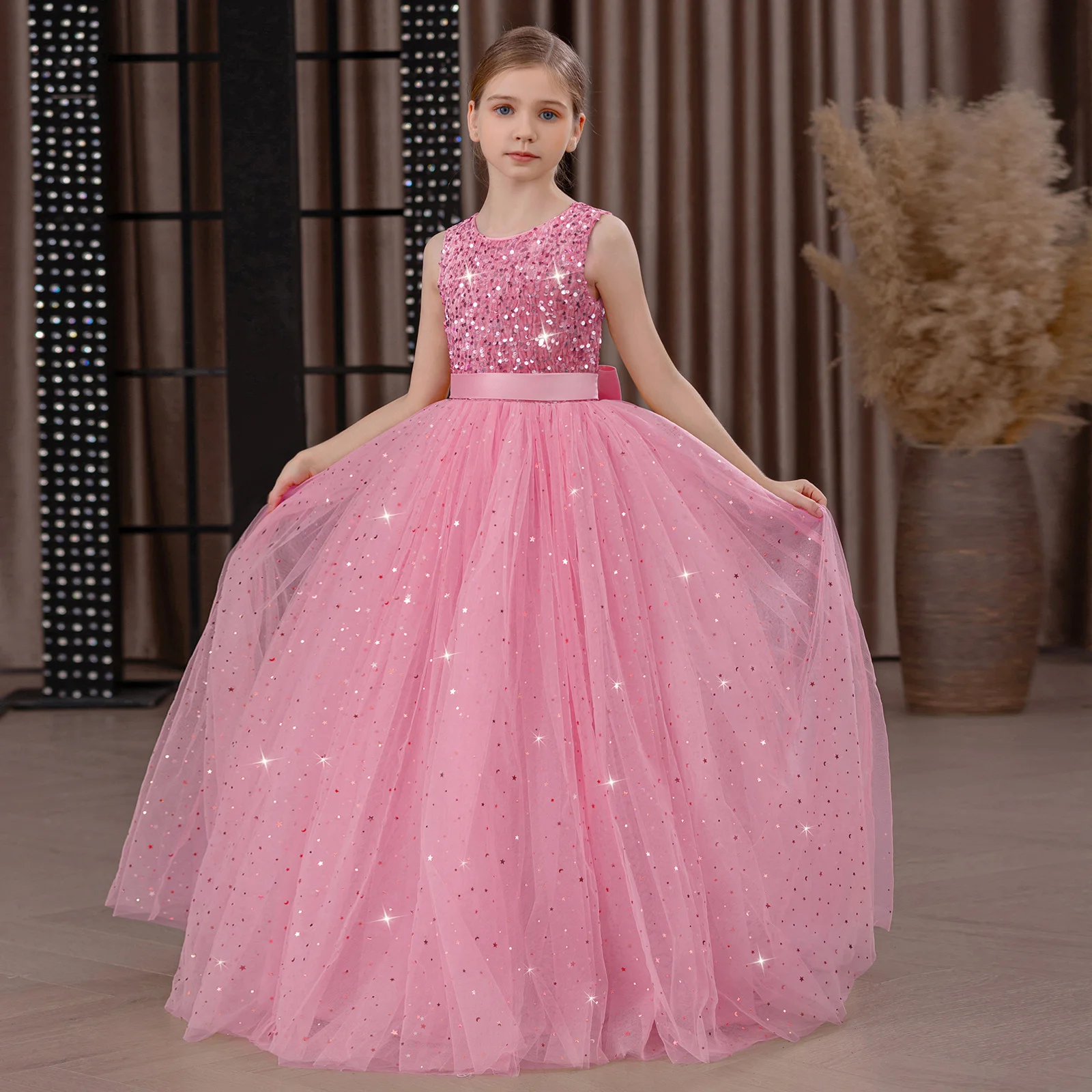 

Длинное платье принцессы для девочек с пайетками, детское платье из сетки, свадебное платье для девочки-цветочницы, платье для дня рождения и конкурса красоты