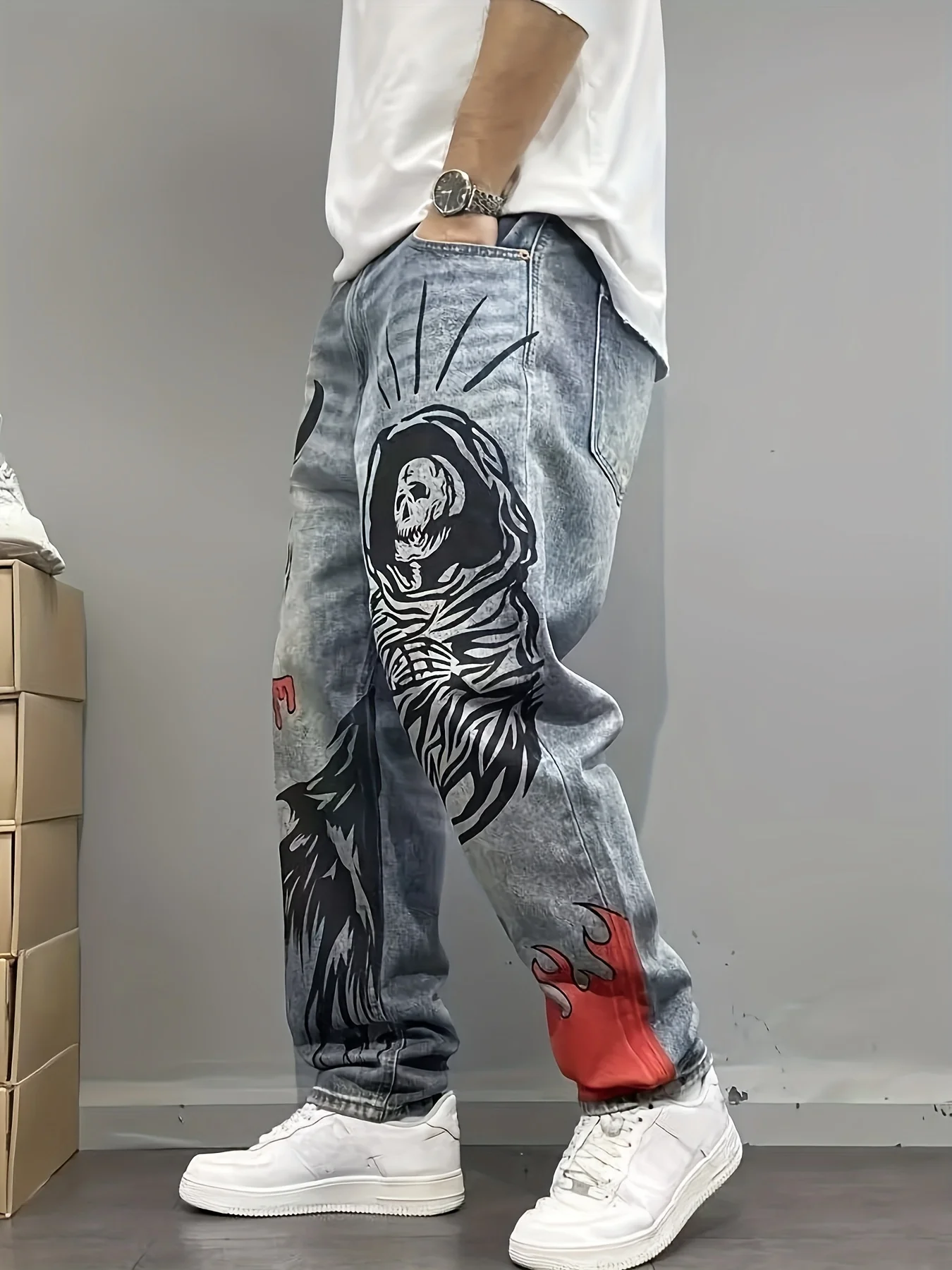 

Retro American-Style Blue American Street Graffiti Print Loose Straight-Leg Denim Pants