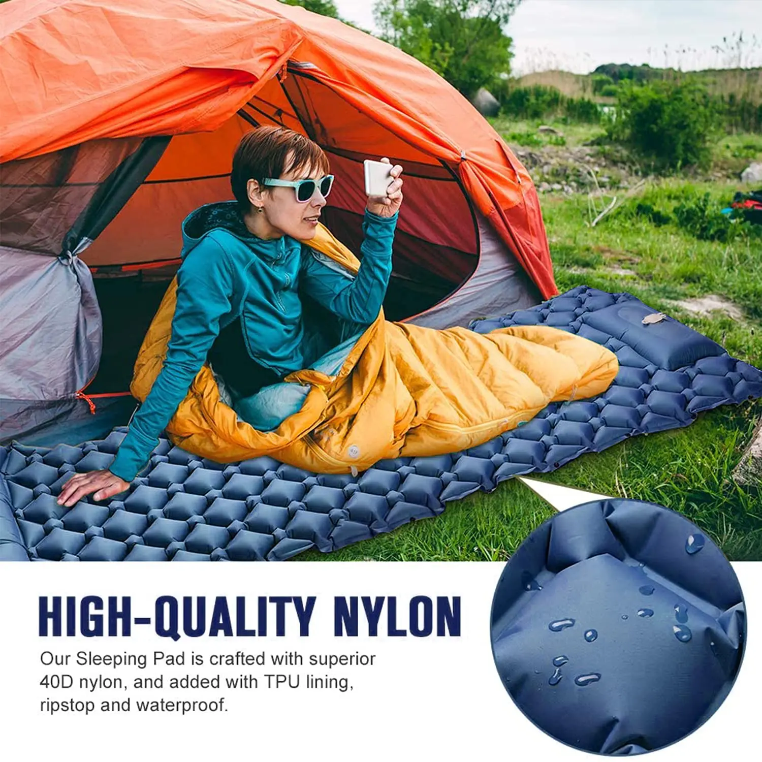 Inflatable Sleeping Mattress with Foot Pump Pillow Strong Support Waterproof Nylon Folding Camping Mat for Car Travel Hiking