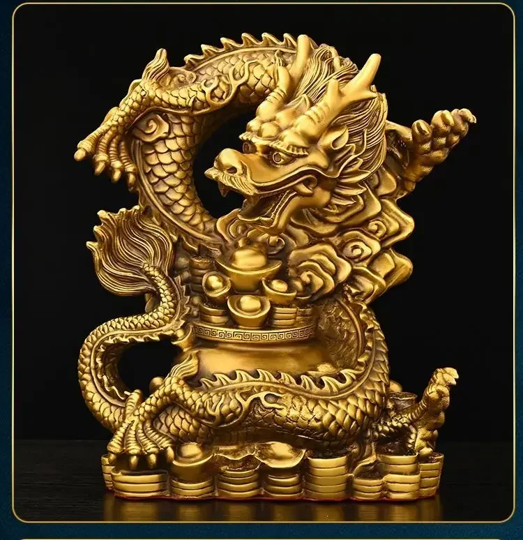 Chinese Pure Copper Fengshui Animal Dragon Ornaments Treasure Bowl Dragon Zodiac Home Desktop Statues Decorations