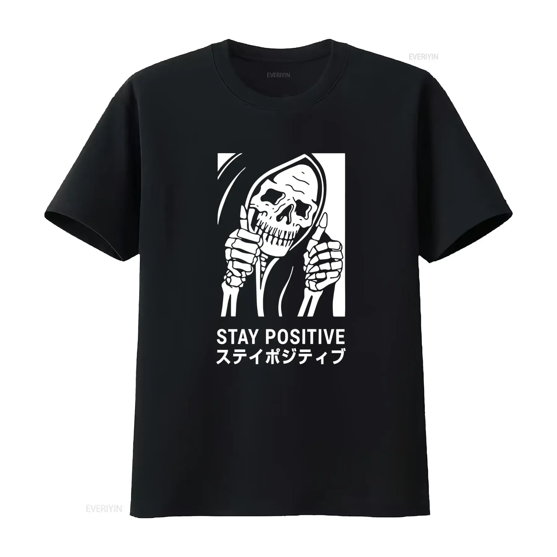 Maglietta Stay Positive Teschio della Mietitrice con testo giapponese Estetica alternativa gotica streetwear umorismo vintage