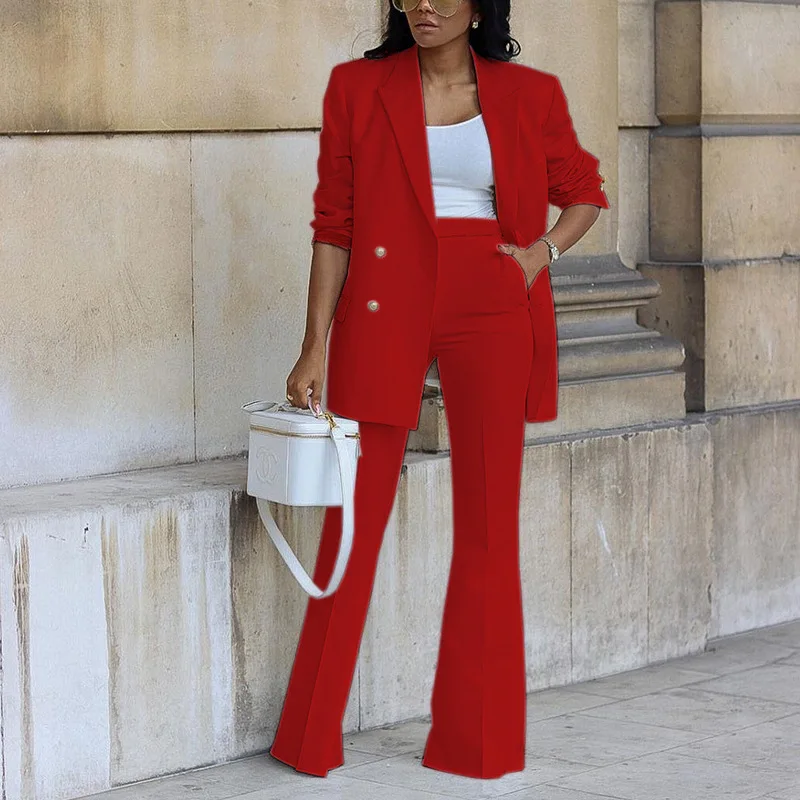 

Double Breasted Formal Pure Color Lapel Lady Blazer Trousers Suit Workwear Two Piece Set Chic Straight Office Blazer Pants Set