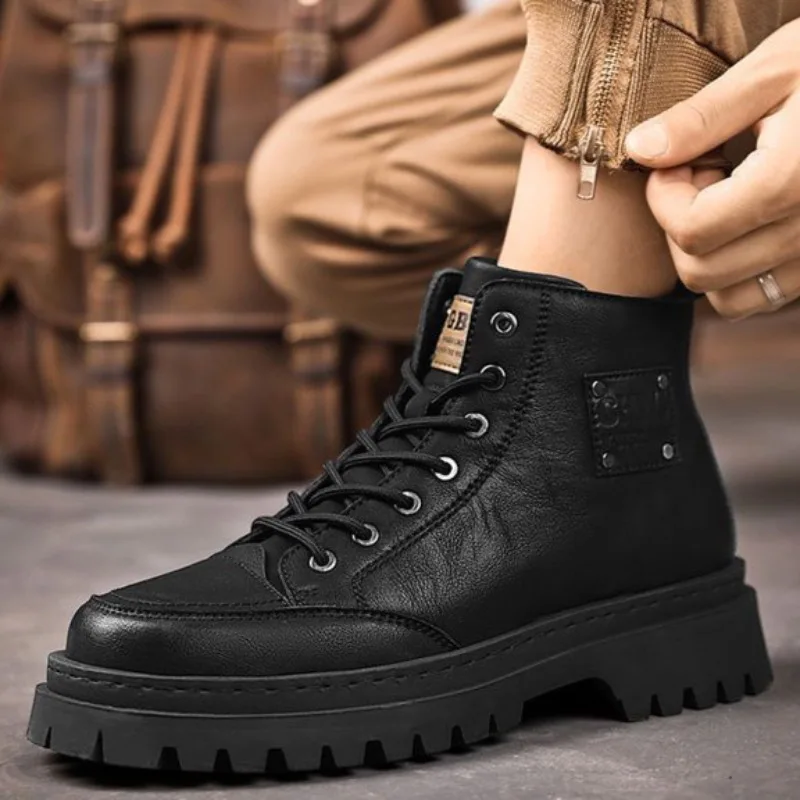 Men\'s Motorcycle Boots Fashion High-top Casual Boot British Style Leather Short Boots for Men Lace-Up Platform Boot Botas Hombre