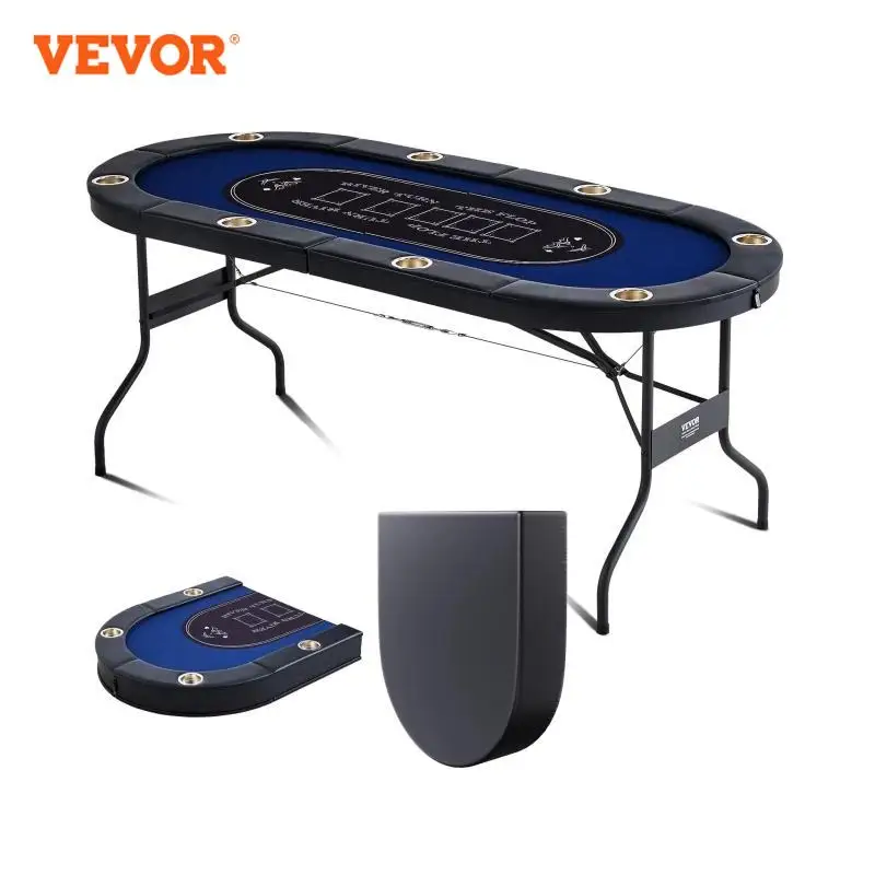 VEVOR 8 Player Foldable Poker Table Blackjack Texas Holdem with Padded Rails and Stainless Steel Cup Holders Blue