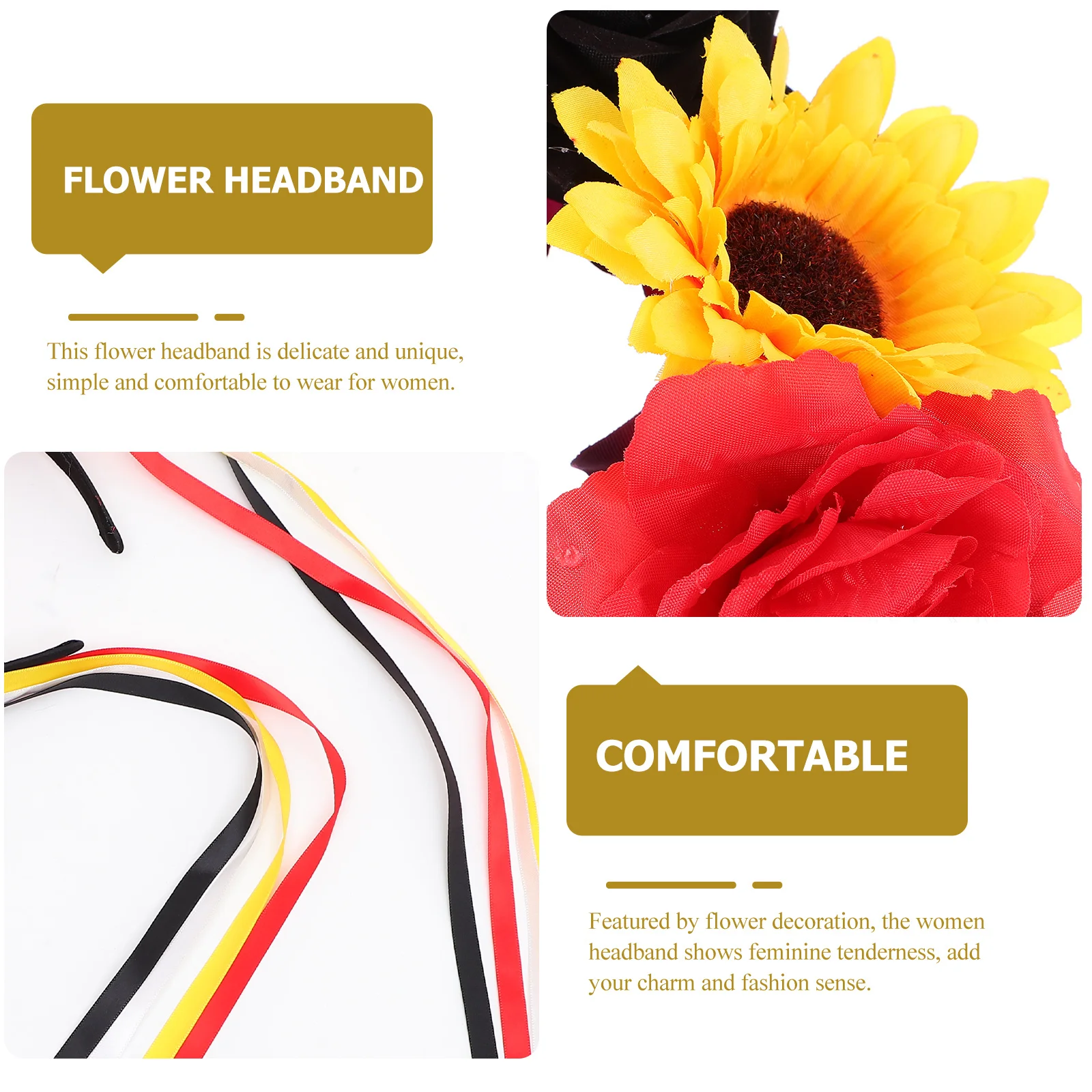Artificial Flower Headband For Women Halloween Floral Hair Accessory Lightweight Prom Carnival Party Ribbon Rose Headband
