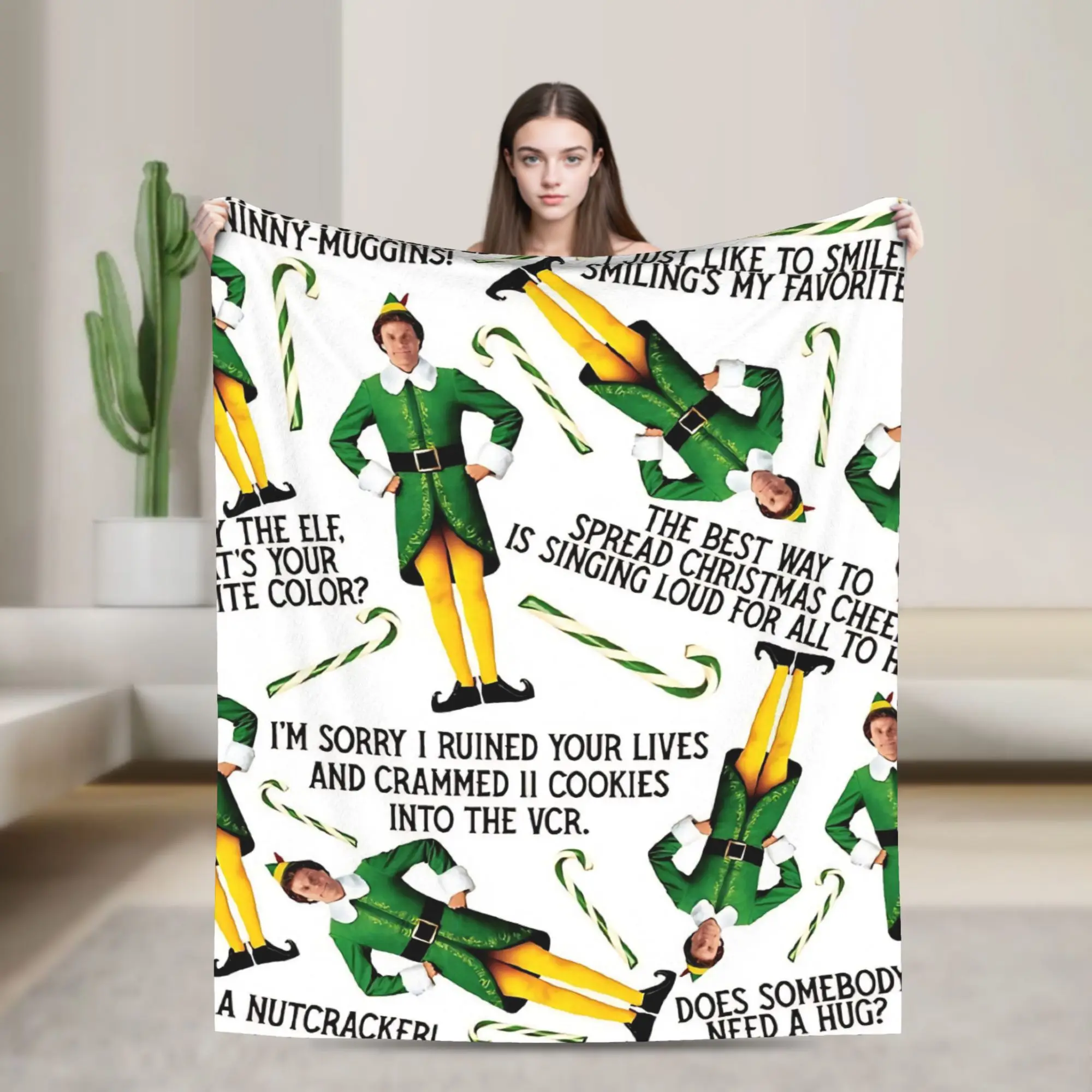 buddy the elf print white Flannel Blanket Winter  Soft Warm Throw Blanket for Child Couch Chair Funny Bedspread Sofa Bed Cover