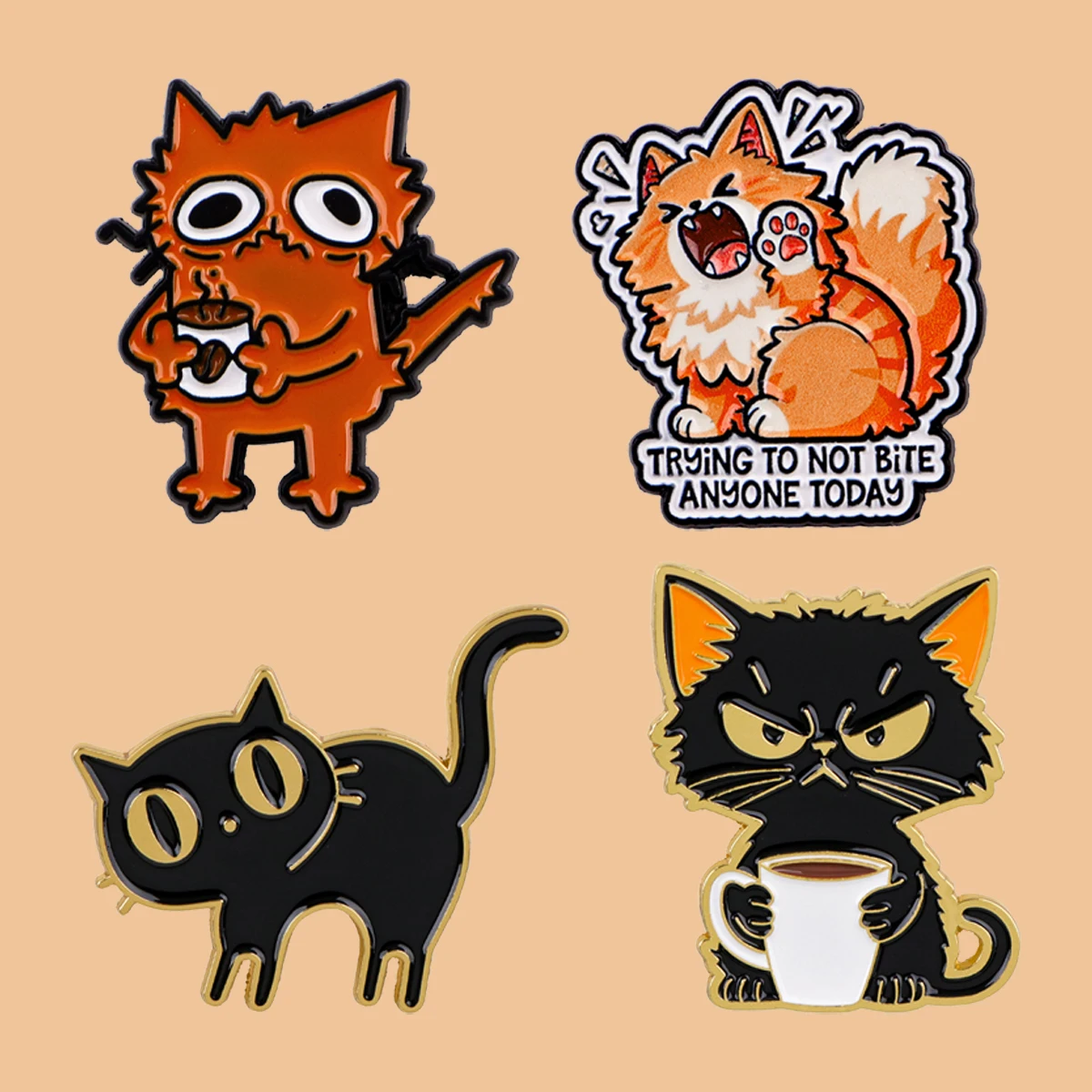 Black Cats Coffee Enamel Pin Funny 'NOT BITE ANYONE' Quote Brooch Lapel Pin Badge on Backpack Clothing Accessories Jewelry Gifts