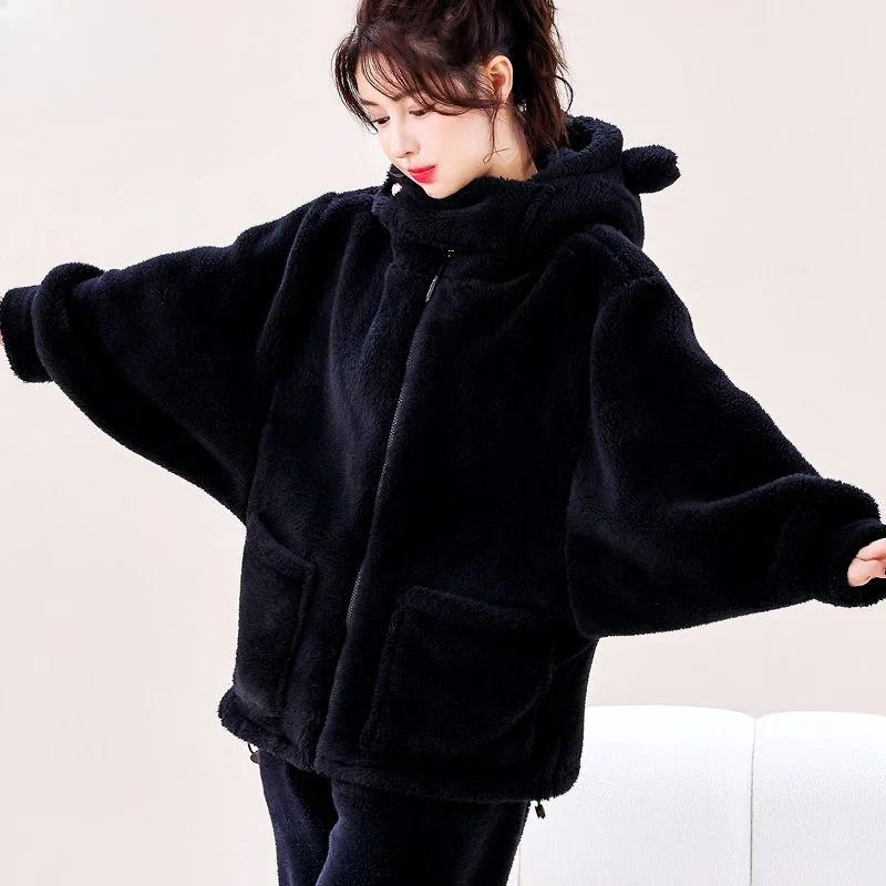 Foreign Fashion Coral Velvet Pajamas Female Autumn Winter Thickened Home Clothing Set Fine Velvet Spring Autumn Long Velvet Wear