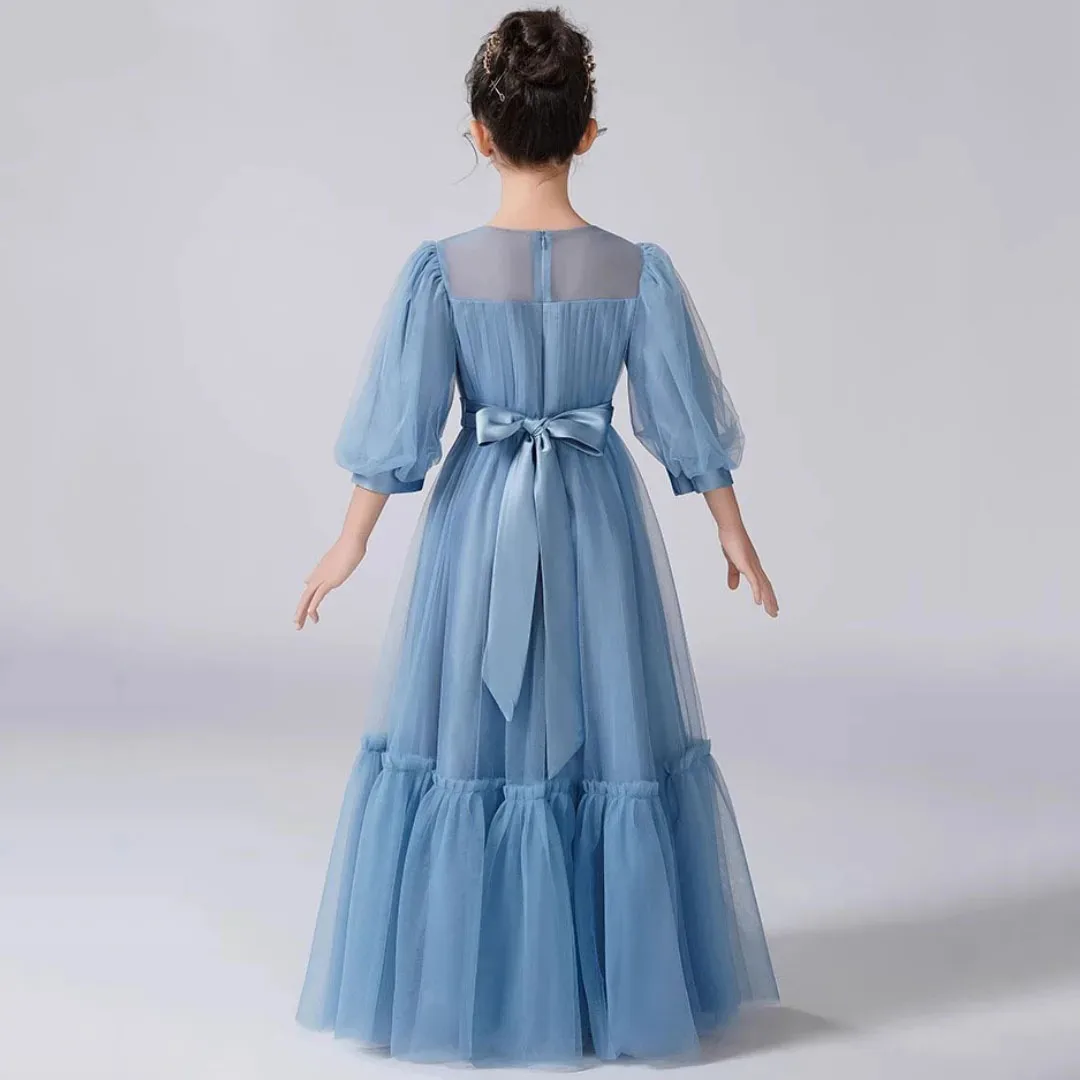 Abito da ragazza di fiore in tulle a strati personalizzato con fiocco Matrimonio Compleanno Cintura blu grigia Mezza manica per banchetti Abiti da santa comunione