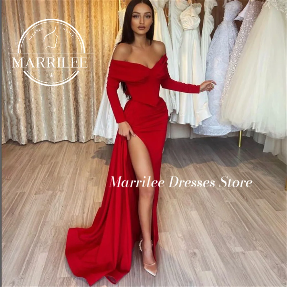 Marrilee Sexy Red Mermaid Off The Shoulder V-Neck Stain Evening Dress Three Quarter Floor Length Pleated Formal Prom Party Gowns