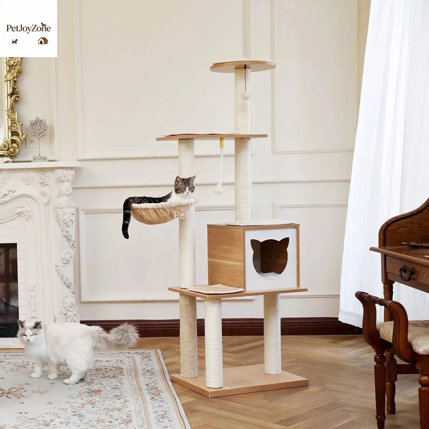 PetJoyZone US Warehouse Free Shipping Modern Wooden Multi-level Cat Tree House Cat Scratching Tree