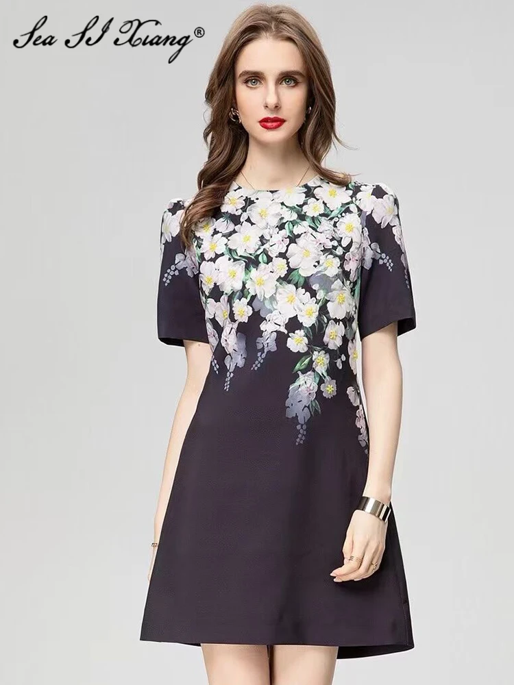 

Seasixiang Fashion Designer Spring Summer Dress Women O-Neck Short Sleeve Beading Floral Print Elegant Party Mini Dresses
