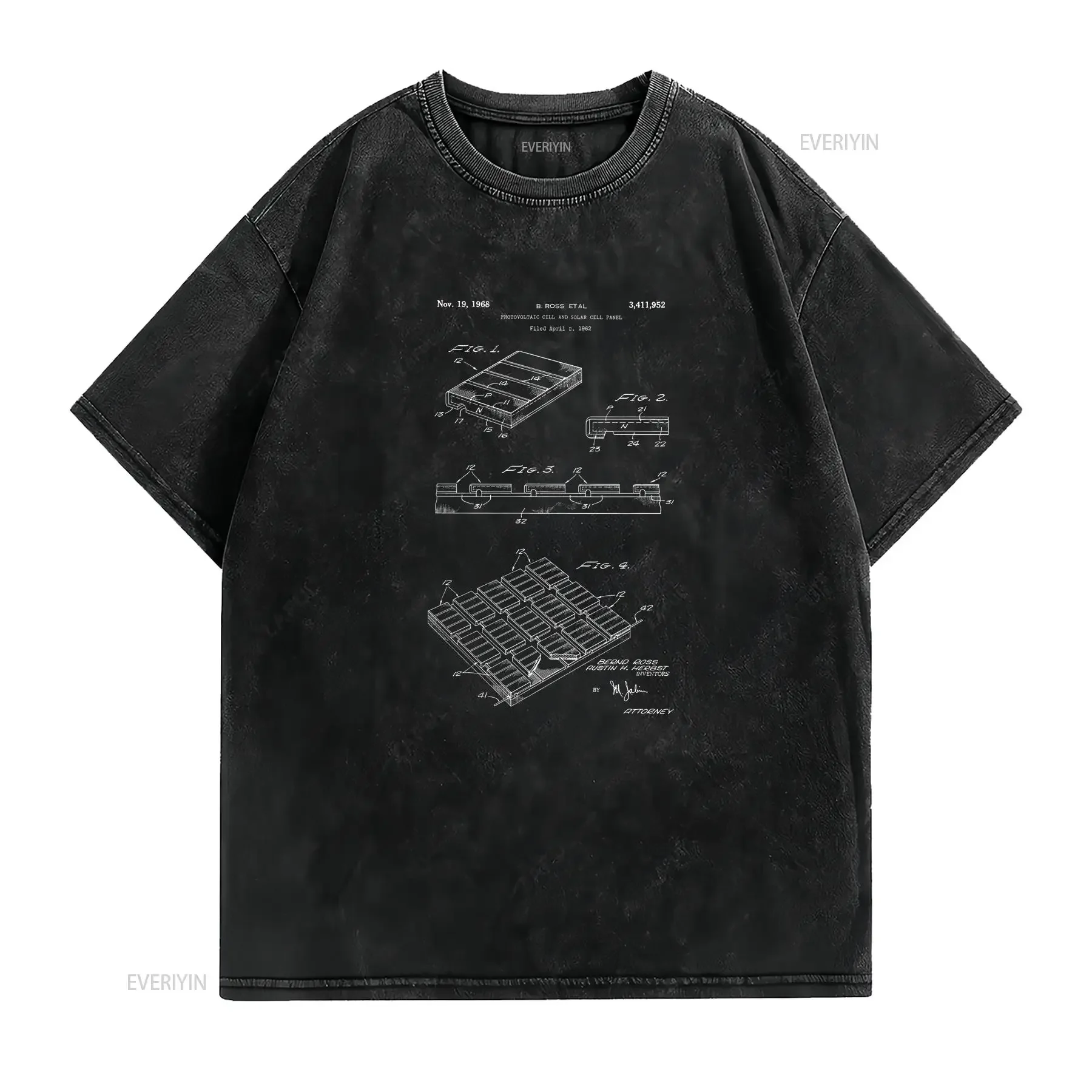 Solar Panel T Shirt Photovoltaic and Cell Patent Blueprint Renewable Energy PV vintage Washed Casual graphic fashion Versatile
