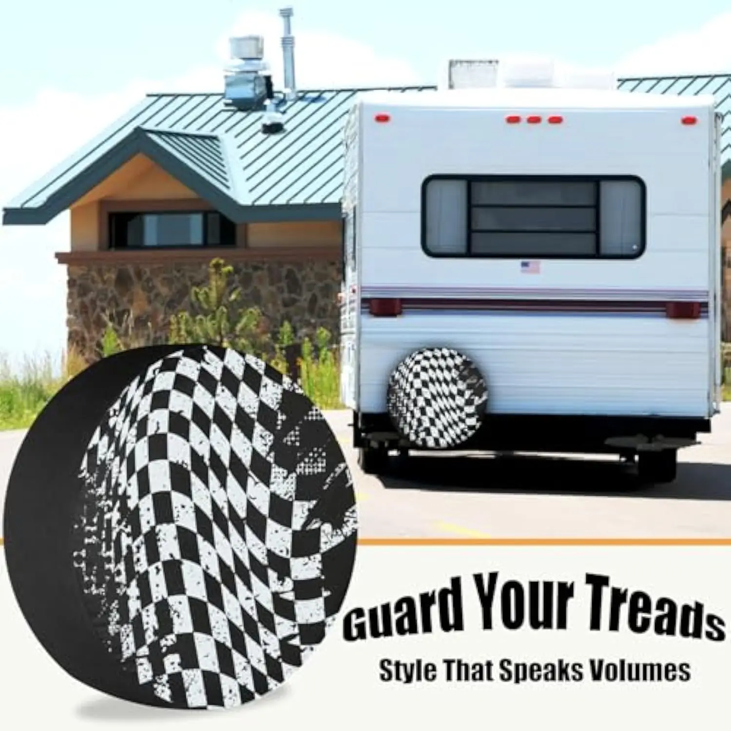 Distressed Checkered Flag Tire Cover Racing RV Spare Wheel Protector Weatherproof 17 Inch