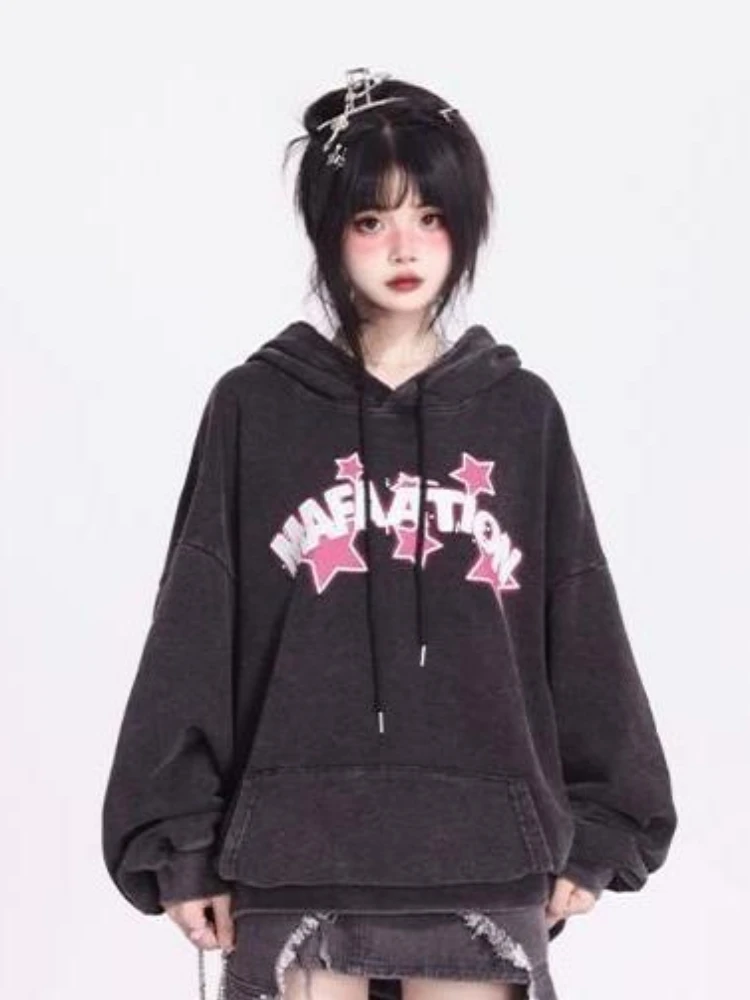 KOSAHIKI Spring Autumn Loose Hoodie Women Harajuku Gothic Star Print Vintage Hoody Streetwear Pullover Y2k Aesthetic Sweatshirt