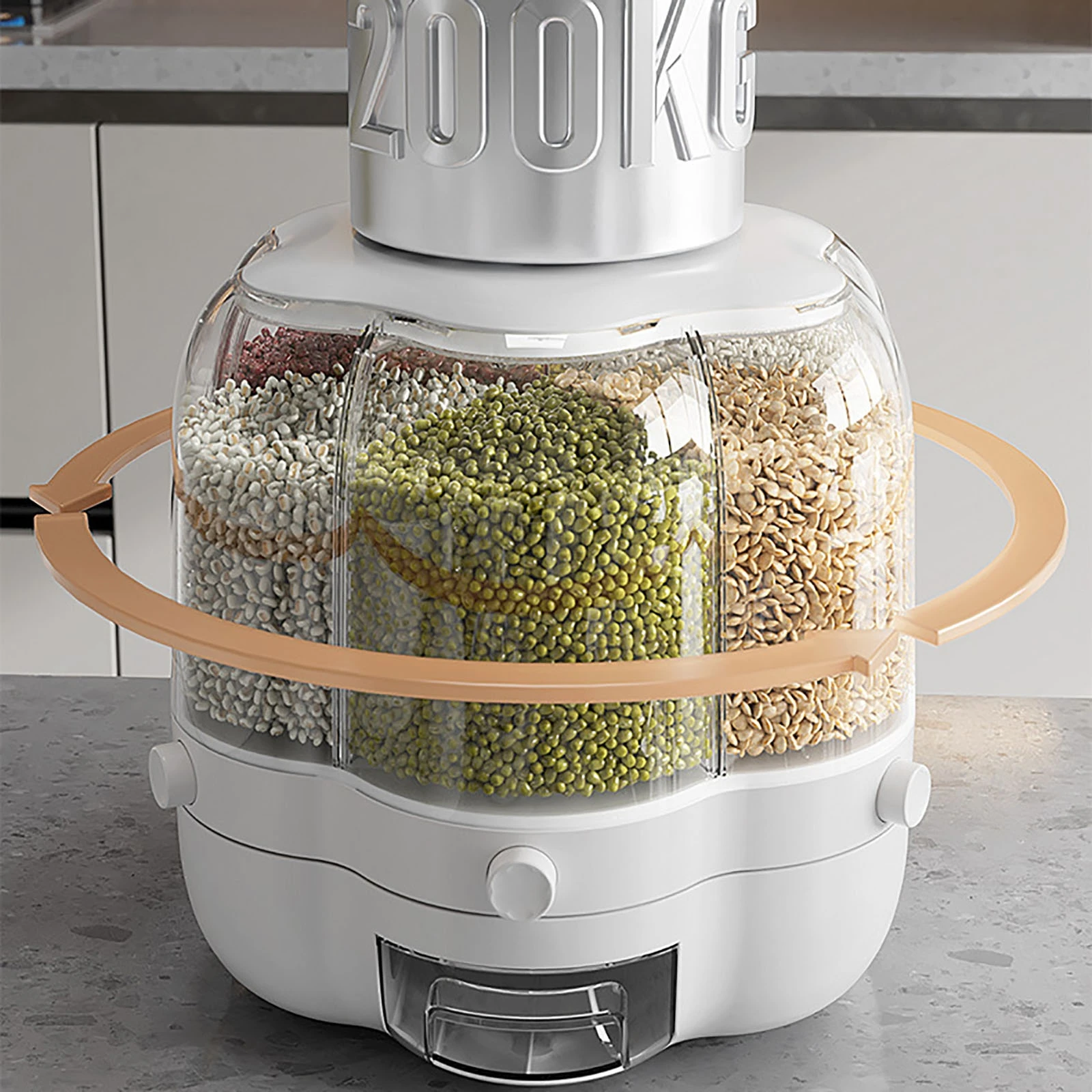 Dispenser di riso a griglia rotante a 6 griglie Dispenser di cereali sigillato secchio separato contenitore per alimenti secchi contenitore di stoccaggio per riso rotondo