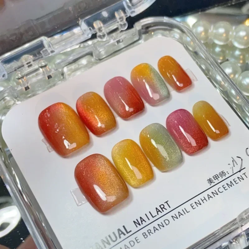 Candy Color Gradient Cute Red Yellow Short Coffin Hand Made Fake Nails Cat Eye Shimmering Candy Full Cover Nail Tips Decor