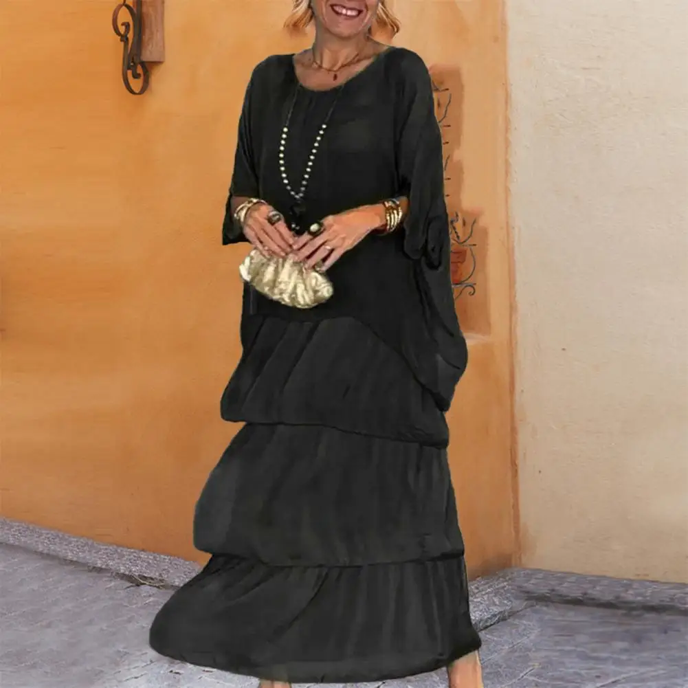 Vestido de chiffon de cor sólida vestido feminino de chiffon elegante em camadas vestido maxi de chiffon com mangas morcego para festa de formatura noite feminina