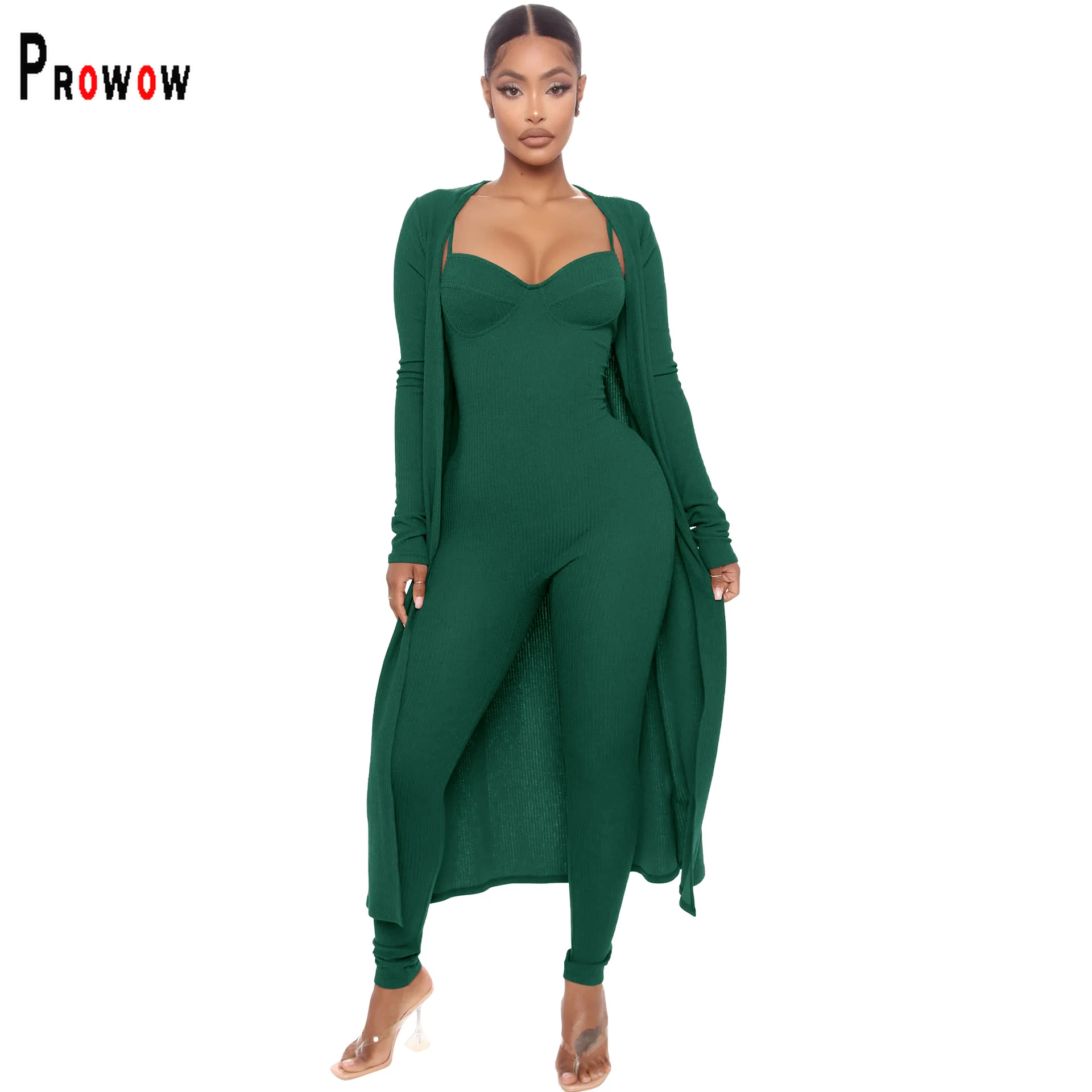 Prowow Fashion Women's Clothing Cardigan + Sleeveless Jumpsuits Two Piece Matching Solid Color Suits Slim Female Outfits Set