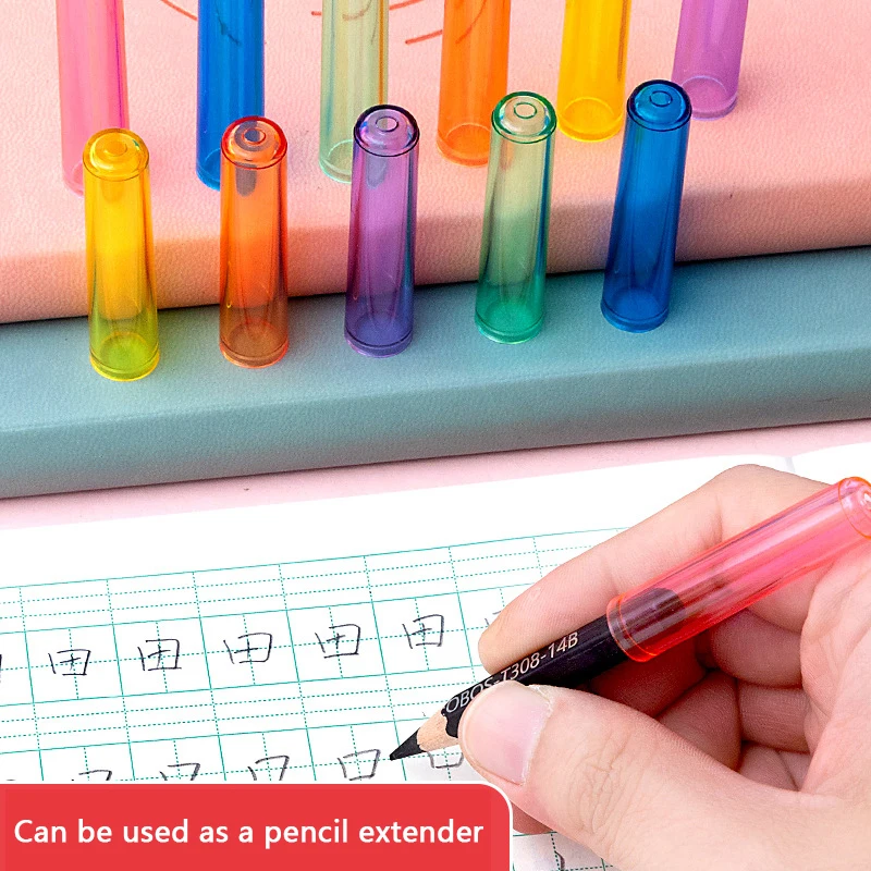 Transparente Candy Color Plastic Pencil Extender, Pen Protector Cap, Lápis Capa para Estudante, Crianças Papelaria, 6Pcs