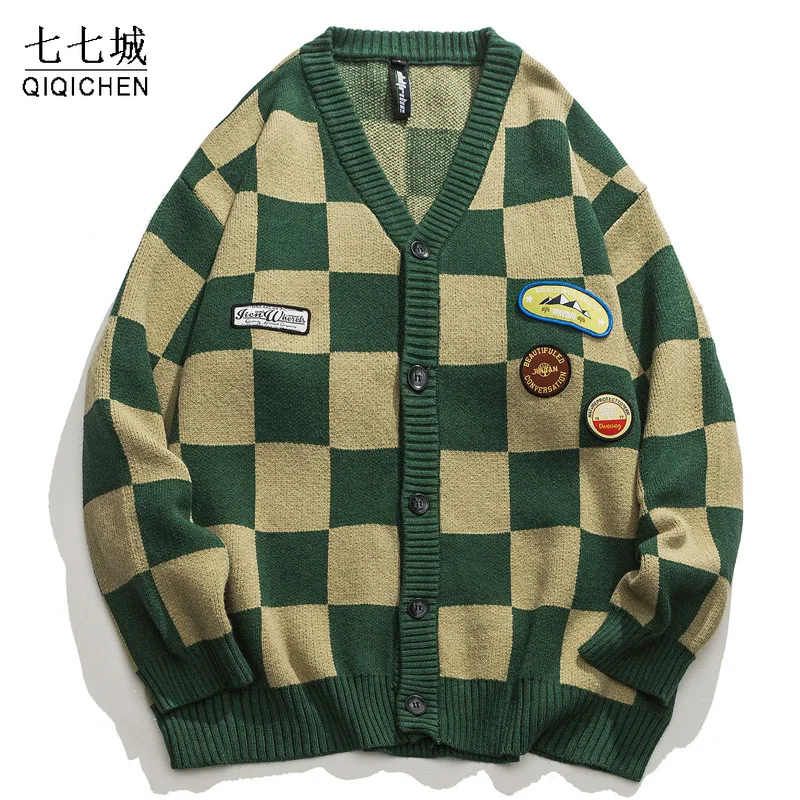 

Harajuku Cardigan Sweater Men Women Japanese College Style V-neck Checked Sweaters Spring Autumn Casual Loose Jumpers Streetwear