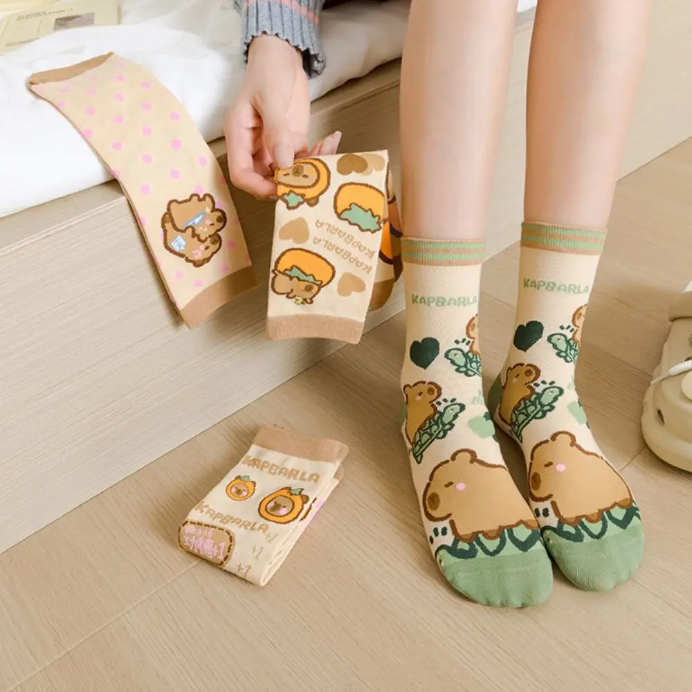 3Pairs Cute Stripe Capybara Tube Socks Letter Dot Cotton Mid-calf Socks Funny Female Hosiery Cartoon Socks Lady