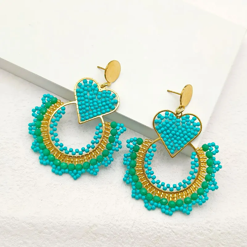 Bohemia Glass beads earrings Heart shape Recessed design Crystal Hand-woven Alloy Personality Ethnic style Beaded earrings