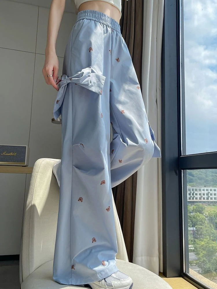 

Women's Summer Casual Wide Leg Jumpsuit with 3D Bow Bear Print Baggy Trousers Sweet Spicy Style