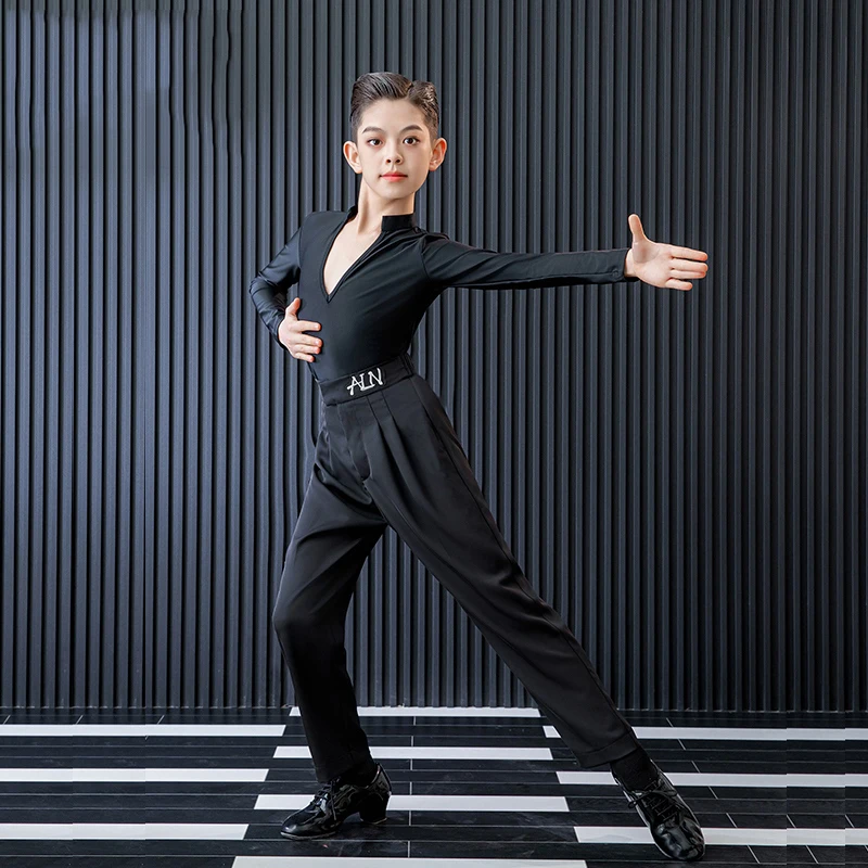 2025 terno de prática de dança latina manga comprida tops calças pretas roupas samba chacha rumba tango roupa de dança latina para meninos dqs19561