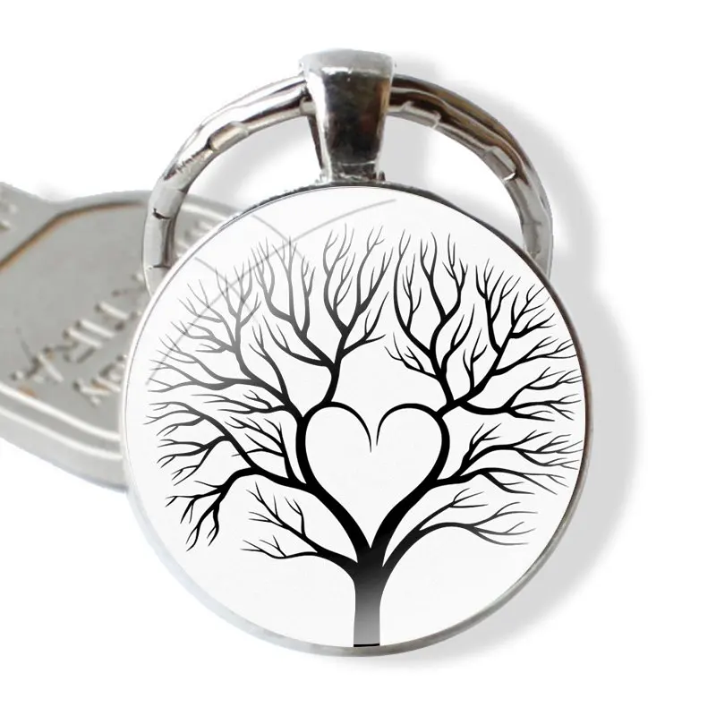 Bare Trees Art Drawing Keychain Handmade Glass Cabochon Key Ring Holder Pendant Key Chains